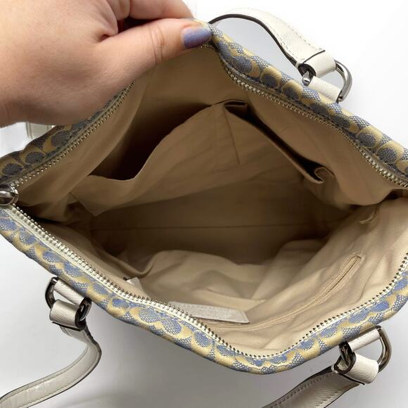 COACH Blue White Leather Monogram Signature Stripe Tote - Picture 9 of 10